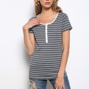 MITTOSHOP Striped Button-Front Henley Tee | Charcoal & White